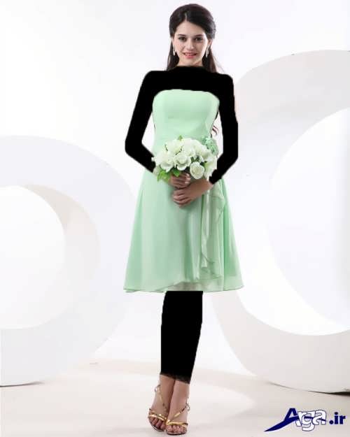 مدل لباس مجلسی سبز دکلته با طرح کوتاه