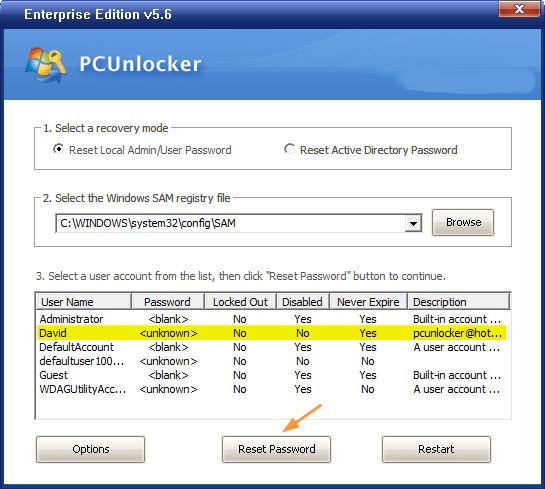5. حذف پسورد لپ تاپ ویندوز 11 از طریق PCUnlocker