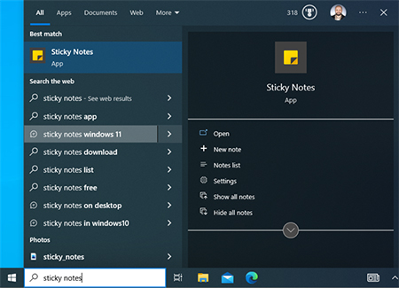 نحوه باز کردن Sticky Notes, نحوه استفاده از Sticky Notes در ویندوز, باز کردن Sticky Notes با کمک جستجوی برنامه