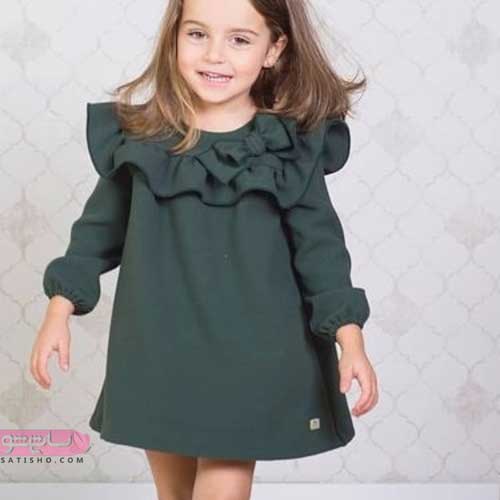 لباس سبز یشمی برای دختر بچه ها با یقه چین دار پاپیونی